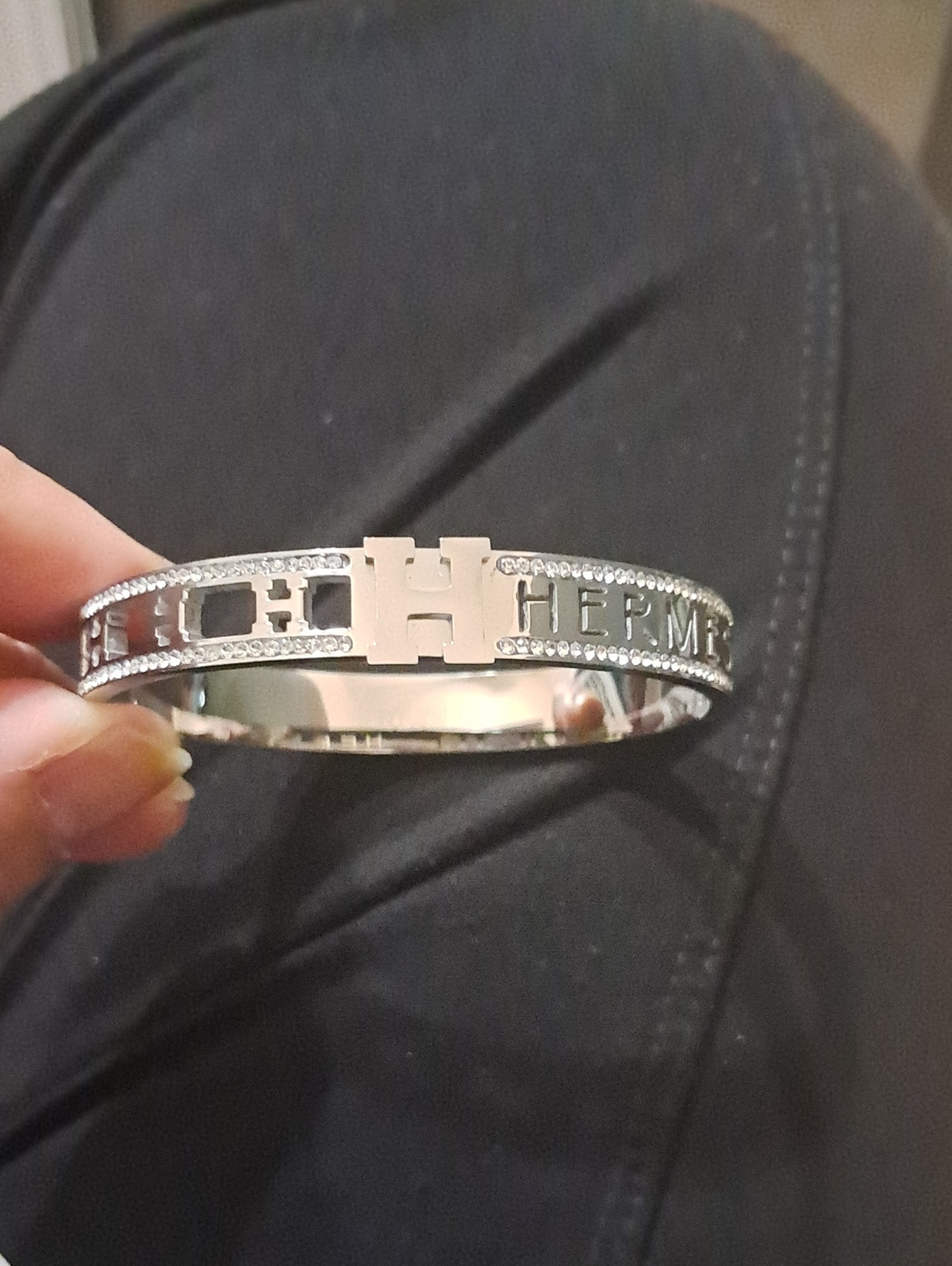 Silver  Color Crystal-Trim 'H' Bangle Bracelet
